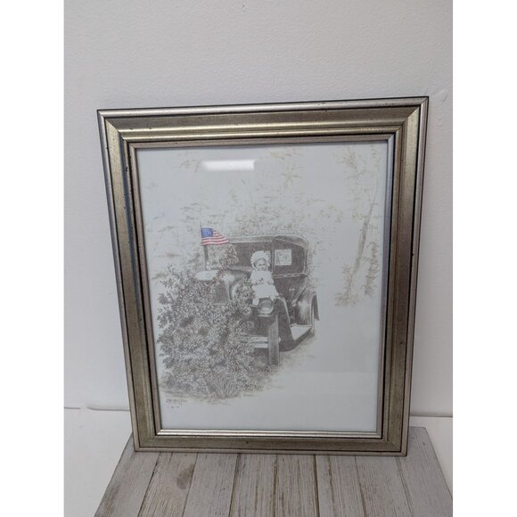 Jane McClure Jane's Prints Young Girl sitting on Old Car Flag Framed Print - Picture 1 of 4